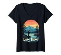 Mujer Lago Tahoe Pesca Serenidad Atardecer Escena Camiseta Cuello V