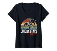 Mujer Laguna Beach California USA - Palmeras con bandera estadounidense Camiseta Cuello V