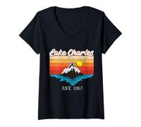 Mujer Lake Charles Home Town Vintage Sunset USA Vacaciones Camiseta Cuello V