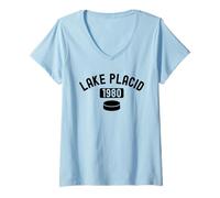 Mujer Lake Placid 1980 Hockey Vintage USA Puck Nueva York Essex NY Camiseta Cuello V