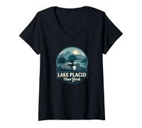 Mujer Lake Placid New York Loon - Diseño de Madre y Pollito Camiseta Cuello V