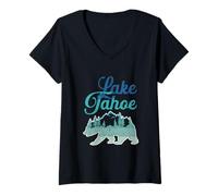Mujer Lake Tahoe California Oso Grizzly Montañas Senderismo Retro Camiseta Cuello V