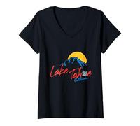 Mujer Lake Tahoe Esquí California Vintage Sunset Montaña Camiseta Cuello V