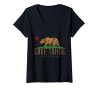 Mujer Lake Tahoe - Oso de Bandera de California Vintage Camiseta Cuello V