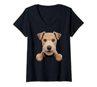 Mujer Lakeland Terrier Lindo Peeking Lakie Dog Lover Camiseta Cuello V