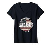 Mujer Lancaster Ohio, Bandera Americana Vintage Camiseta Cuello V