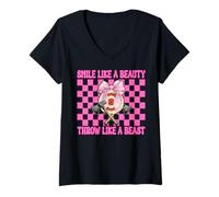 Mujer Lanzador de hacha sonríe como un tiro de belleza como una bestia Camiseta Cuello V