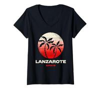 Mujer Lanzarote España Palmera Playa Atardecer Diseño Camiseta Cuello V