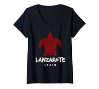 Mujer Lanzarote España Tribal Tortuga Marina Océano Arte Diseño Camiseta Cuello V