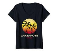 Mujer Lanzarote Retro Palmera Atardecer Playa Tropical Camiseta Cuello V