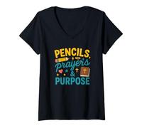 Mujer Lápices, oraciones y propósito para maestros y madres de regreso a clases Camiseta Cuello V