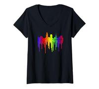 Mujer Lápiz derretido, goteo de pintura Rainbow Pride Cleveland City Camiseta Cuello V