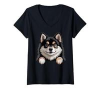 Mujer Lapphund Finlandés Divertido Peeking Pocket Puppy Lappie Dog Camiseta Cuello V