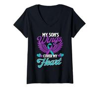 Mujer Las alas de mi Hijo Cubren mi corazón - Concientización sobre la prevención del Suicidio Camiseta Cuello V
