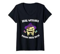 Mujer Las Brujas Reales se cepillan los Dientes Diente Monstruo Halloween Camiseta Cuello V