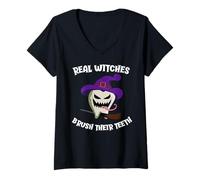Mujer Las Brujas Reales se cepillan los Dientes Diente Monstruo Halloween Camiseta Cuello V