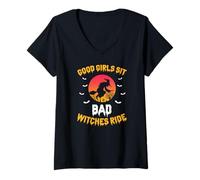 Mujer Las Buenas Se Sientan Las Brujas Vuelan Halloween Camiseta Cuello V