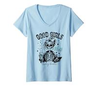 Mujer Las Chicas Buenas leen Libros picantes, Esqueletos góticos y espeluznantes Halloween Camiseta Cuello V