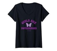 Mujer Las chicas son superhéroes demasiado mariposa púrpura Mensaje Camiseta Cuello V