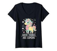 Mujer Las Cosas Buenas están por Venir, Lindas Princesas Unicornios en Colores Pastel para niñas Camiseta Cuello V