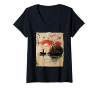 Mujer Las Mujeres japonesas y el árbol de Cerezo en Flor de Madera japonés Camiseta Cuello V