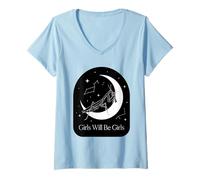 Mujer Las niñas serán Will Girls Rezando Mantis Luna Celestial Camiseta Cuello V