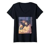 Mujer Late Night Thoughts Chica Anime Lo Fi Relajación Lluvia Camiseta Cuello V