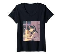 Mujer Late Night Thoughts Chica Anime Lo Fi Relajación Lluvia Camiseta Cuello V