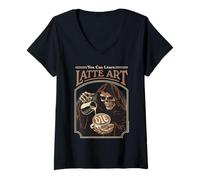 Mujer Latte Art Coffee Grim Reaper Retro Vintage Funny Adult Humor Camiseta Cuello V