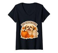 Mujer Latte con Especias de Calabaza para Perros Shih Tzu, otoño y otoño, Tis The Season Camiseta Cuello V