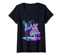 Mujer LAX Girl Vibrant Dripping Silhouette Athlete Teen Women Camiseta Cuello V