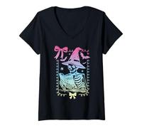 Mujer Lazo coqueto Esqueleto Libro de Hechizos Bruja Pastel Chicas Camiseta Cuello V