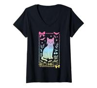 Mujer Lazo coqueto Gato Negro Familiar Pastel Bruja Chica Camiseta Cuello V