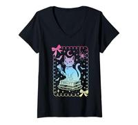 Mujer Lazo coqueto Gato Negro Libro de Hechizos Bruja Pastel Camiseta Cuello V