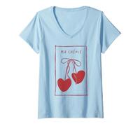 Mujer Lazo romántico con Forma de Coqueta con Forma de corazón de Cerezo de Ma Chérie, Estilo Retro Camiseta Cuello V