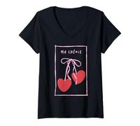 Mujer Lazo romántico con Forma de Coqueta con Forma de corazón de Cerezo de Ma Chérie, Estilo Retro Camiseta Cuello V