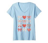 Mujer Lazos de Coqueta Rosa y Corazones Rojos patrón de Leopardo a Cuadros Camiseta Cuello V