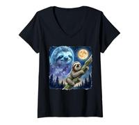 Mujer Lazy Sloth Climbing Tree Branch Moon Night Sky Animal Art Camiseta Cuello V