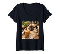 Mujer Lazy Sunday Coffee Pug Funny Relaxing Meme Camiseta Cuello V