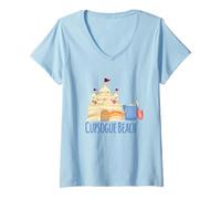 Mujer Le encanta Cupsogue Beach Long Island Sand Castle, lindo cangrejo para niños Camiseta Cuello V