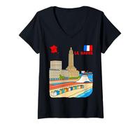 Mujer Le Havre Francia Skyline Retro Viajes Ilustración Camiseta Cuello V