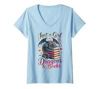 Mujer Lector de Ratones de Biblioteca Solo una Chica Que ama los Dragones y los Libros Camiseta Cuello V
