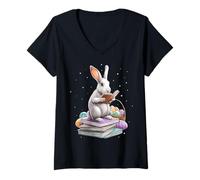 Mujer Lector Leyendo Huevos de Conejo Orejas de Conejo Lindo Primavera Camiseta Cuello V