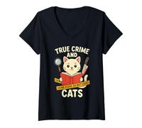 Mujer Lectura de Libros de Gatos Divertidos y crímenes Reales para Mujeres Camiseta Cuello V