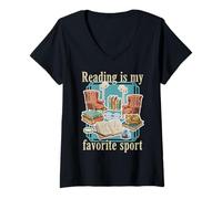 Mujer Leer es mi Deporte Favorito Amante de los Libros Vintage Lectura acogedora Camiseta Cuello V