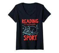 Mujer Leer es mi Deporte Favorito Lindo Amante de los Libros Gato Doodle Camiseta Cuello V