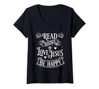 Mujer Leer Libros Amar a Jesús Sea Feliz Basado en la fe Amante de los Libros Camiseta Cuello V