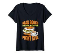 Mujer Leer Libros Bebe Café Lucha contra El Mal Lector Lectura Camiseta Cuello V