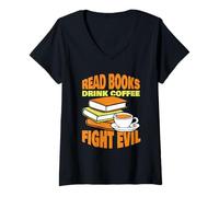 Mujer Leer Libros Bebe Café Lucha contra El Mal Lector Lectura Camiseta Cuello V