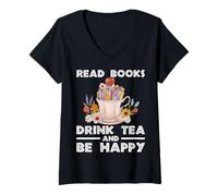 Mujer Leer libros Bebe té Sé feliz leyendo Entusiastas del conocimiento Camiseta Cuello V